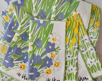 GORGEOUS Sets of 4 Vintage Signed Vera Neumann Floral Napkins, White with White Yellow Blue Flowers, Lime Green Serge Trim (8 avail)