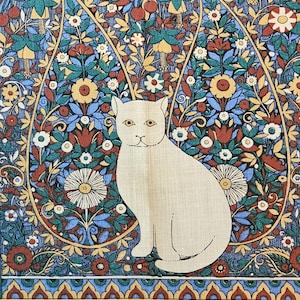 Never Too Soon for Spring.  New Vintage Signed Pat Albeck x The National Trust for Scotland Linen Kitchen Tea Towel: CAT on a PAISLEY SHAWL