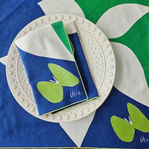 10 Vintage SILHOUETTED Flower & Butterfly, Vera Neumann Cotton Printed Napkins, Blue White Green. Sets 6 and 4