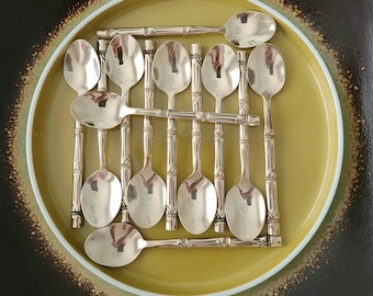 Auf Reisen um die Welt: Thailand, Einzigartige Sets von 4 MCM Vintage NICKEL BRONZE Bambus Muster Besteck Mokkalöffel 11,5 cm