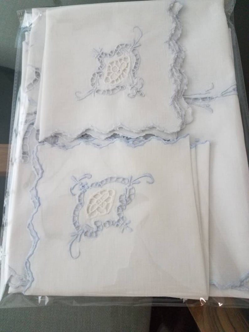 Set of 5 Vintage Square Linen Cotton Hand Embroidered Floral Cutwork Tablecloth Napkins White and Blue Scalloped Edges