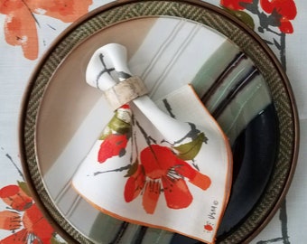 Set of 4 Vintage Vera Neumann Linen Napkins Floral Print Soft Linen Color Background and GORGEOUS Orange and Coral Flowers and Butterfly