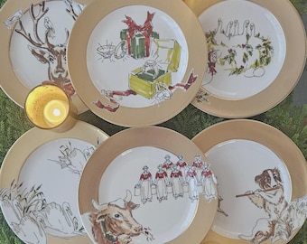 WHIMSICAL Hand Painted 12 "Golden Days of Christmas" Westbury Ct Salad Appetizer Dishes. 5 COMPLETE Sets; 4-6, and Each.  Over 80 Avail