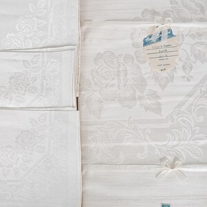 HEIRLOOM Less than Perfect NIB Vintage DAMASK Cloth & Napkins. White on White Cotton Rayon 52&quot; Square Cloth 4 Napkins, Made in Japan