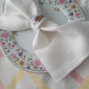 RARE NEW Vintage Vera Neumann Print Table Top Coordinates Printed 52 x 70 Rectangular Tablecloth:  Stripes & Xs. White Gray Yellow and Pink.