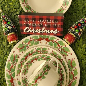 COMPLETE Vintage SANGO Christmas Holly China Dinnerware Svc for 8, Dinner, Salad, Soup, Cups & Saucers, Pot, Creamer, Sugar Bowl SEPARATELY