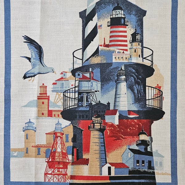 Lighthouses of AMERICA.  NWT Linen Tea Towel by the Lighthouse Preservation Society.  Rockport, Massachusetts, USA.