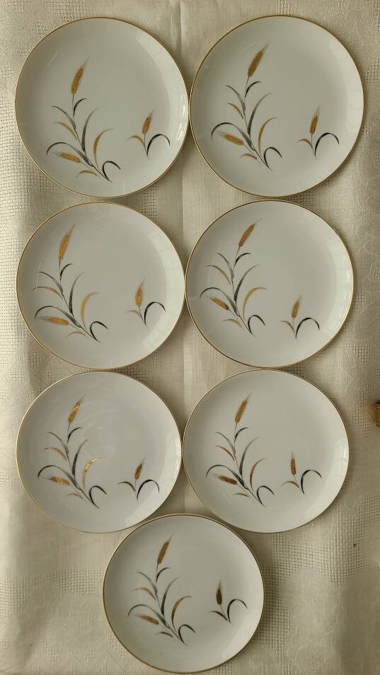 Nostalgic Set of 14 MCM Vintage Dishes, ETERNAL HARVEST Fine China, Japan,  7 Salad Appetizer & 7 Dessert Bread Butter Dishes, Golden Wheat 