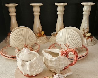 Refined COASTAL. Vintage Fitz & Floyd OCEANA Pink Coral Multi Color Shells Candleholders, Napkin Holders, Pitchers, Creamers. Separately.