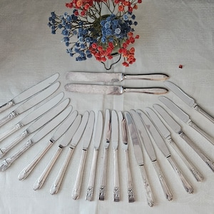 May include: A set of 17 silver-plated dinner knives with ornate handles. The knives are arranged in a fan shape on a white tablecloth.