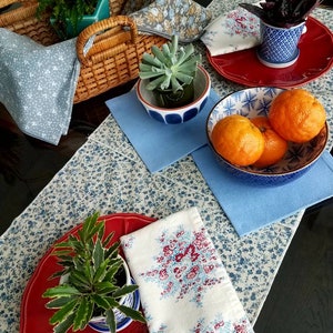 May include: A table setting with a blue and white floral tablecloth, red plates, blue and white patterned napkins, and potted plants. There are also oranges in a blue and white bowl.