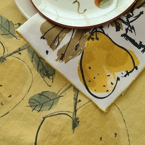 Less than Perfect Simply NOSTALGIC Vintage Signed Vera Neumann 50 x 48 Square Golden Yellow LINEN Tablecloth, Yellow APPLES