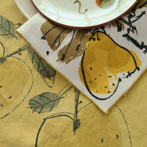 Less than Perfect Simply NOSTALGIC Vintage Signed Vera Neumann 50 x 48 Square Golden Yellow LINEN Tablecloth, Yellow APPLES