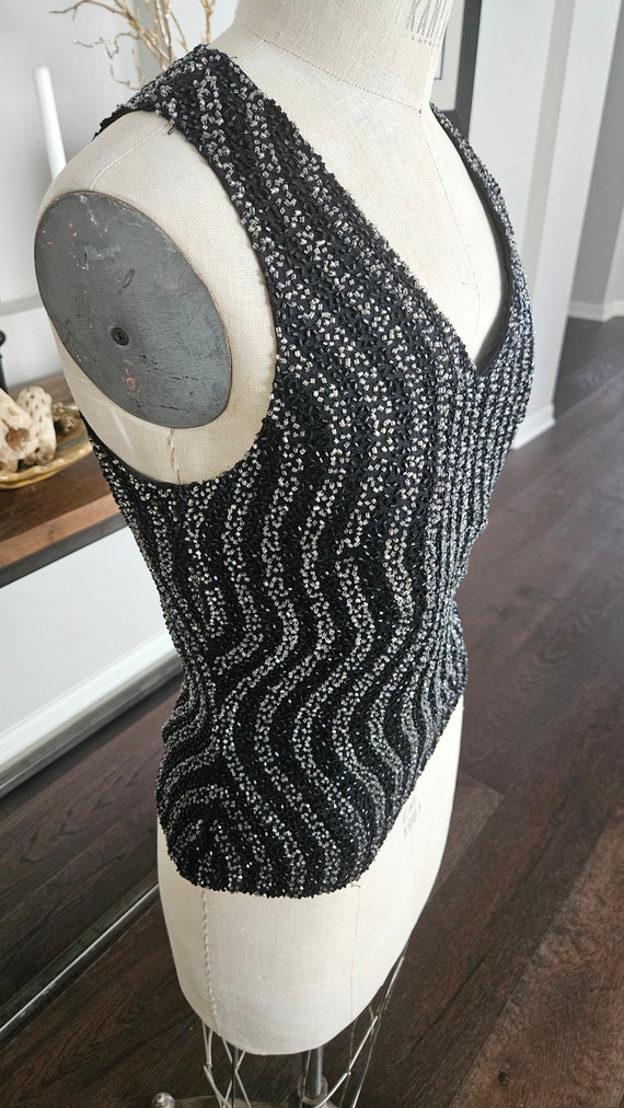 Vintage Black SILK Black Sleeveless White & Silve… - image 2