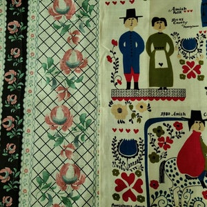 Novos panos de prato de cozinha de linho Fallani e Cohn e Stephens da AMERICANA: AMISH Folk Bucks County PA e estampa floral preta e rosa