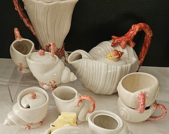 Refined COASTAL, Vintage 1977-89 Fitz and Floyd Oceana, Pink Coral Shells Coffee Pots, Sugar Bowls, Creamers Cups. Hand Painted. SEPARATELY.