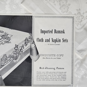 HEIRLOOM NIB Vintage Sealed Set Imported DAMASK Cloth & Napkins. White on White Cotton Rayon 60&quot; x 90&quot; Cloth 8 Napkins, Made in Japan.
