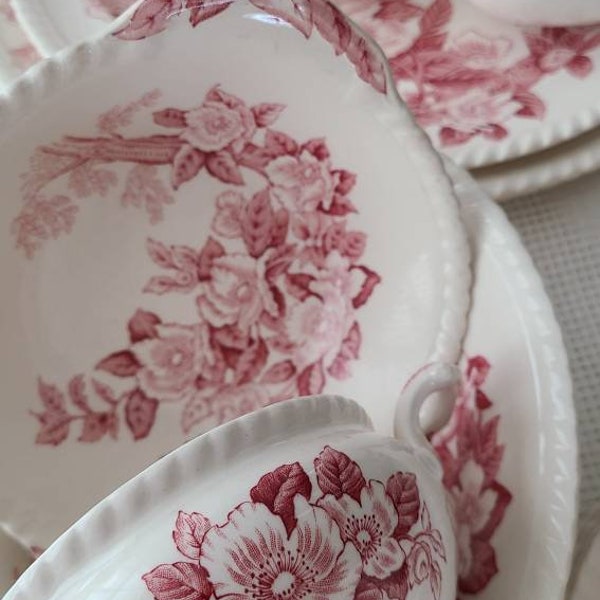 Traveling Around the World:  ENGLAND, Apple Blossom Pink Red WindsorWare Johnson Bros. Floral Porcelain China, Lots Sets SERVINGWARE
