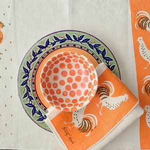 Dinner for Two, Vintage Set of 2 Tammis Keefe: Linen Placemats Napkins, ROOSTERS, Cream, Orange, Brown