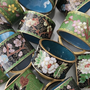 Traveling Around the World: ASIA. L CLOISONNE Enamel Napkin Rings Traditional Asian Inspired Florals, Black, Green, Pink, 3, 4, 9, 20