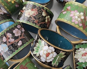 Traveling Around the World: ASIA. L CLOISONNE Enamel Napkin Rings Traditional Asian Inspired Florals, Black, Green, Pink, 3, 4, 9, 20