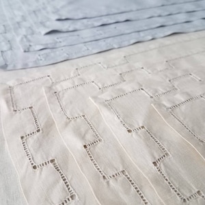 Set 9 VTG Square Hand Made and Embroidered Cutwork Tablecloth Napkins Cream Grey Cotton Leacock Quality Linen Crown Colony Hong Kong