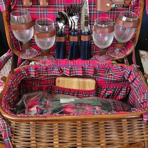 Fully Stocked VTG PICNIC TIME Basket x 4. Red Tartan Blanket, Silver and Flatware, Salt & Pepper Shakers, Cheese Cutting Board and More.