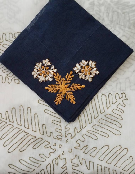 Never Too Early, Festive SNOWFLAKES Casual Elegance, Set of 8 Embroidered Navy Blue Cotton COCKTAIL Napkins with White & Gold Snowflakes
