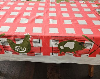 RARE Less than Perfect MCM 50s 60s Vintage Signed Tammis Keefe Cotton 54 x 62 Tablecloth, Checkered White & Fushia, Grilled Pork and Chicken