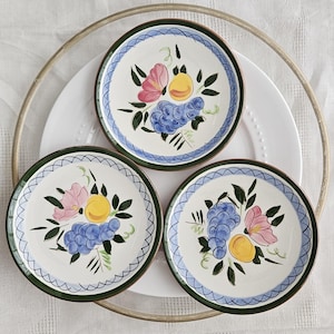 Puede incluir: Tres platos de cerámica blanca con ribete verde y azul. Cada plato presenta un diseño pintado a mano de una flor rosa, una fruta amarilla y uvas azules.