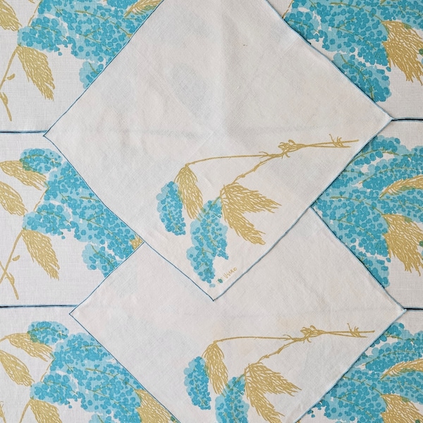 Delicate FORSYTHIAS.  Set of 8 Vintage Signed Vera Neumann Belgian Linen Placemats (6) & Napkins (2). Soft White, Golden Yellow, Blue.