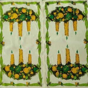 Nunca é cedo demais, panos de prato de linho Fallani & Cohn para o Natal, estilo vintage RETRO: frutas e velas amarelas clássicas e fitas verdes