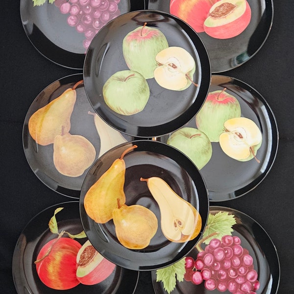 DRAMATIC SIMPLICITY.  Vintage Fruit Medley by Fitz and Floyd.  Set of 8 Fine Porcelain Salad Appetizer Dishes.  Crafted in Japan.