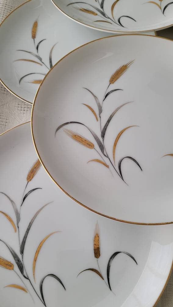 Nostalgic Set of 14 MCM Vintage Dishes, ETERNAL HARVEST Fine China, Japan, 7 Salad Appetizer & 7 Dessert Bread Butter Dishes, Golden Wheat