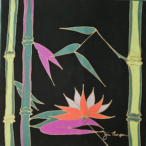TROPICAL PARADISE.  Set of 8 Jim Thompson THAI Silk Cotton Printed Napkins, Metallic Outlining of Bird of Paradise & Bamboo Shoots
