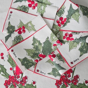 Never Too Early, Vintage Vera Neumann 50" Square Linen Tablecloth, 6 Matching Napkins, White, Holly Berries, Ribbons, SOLD SEPARATELY