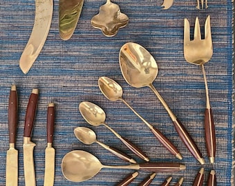 Traveling Around the World: Thailand, DINING.  Select Your Own Place Settings, Sets 2 Vintage Boho WOOD BRASS Nickel Dining Flatware Cutlery