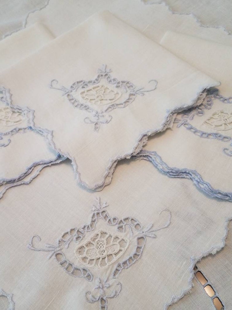 Set of 5 Vintage Square Linen Cotton Hand Embroidered Floral Cutwork Tablecloth Napkins White and Blue Scalloped Edges