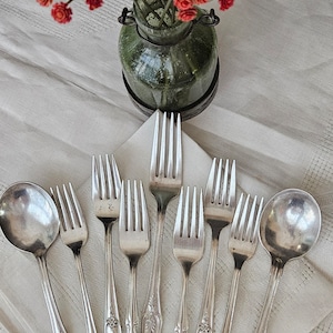 Nostalgic Antique Vintage Heirloom Silverware.  Set #3, Lot of 9 Int&#39;l Silver, Victors Co A1+Overlay IS, and WM Rogers Mfg. Co Xtra Plate.