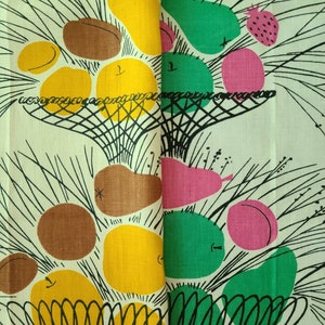 Könnte beinhalten: Ein weißer Hintergrund mit einer Schwarzweißillustration eines Obstkorbs, gefüllt mit verschiedenen Früchten, darunter Birnen, Äpfel und Pflaumen. Die Früchte sind in den Farben Gelb, Grün, Braun und Rosa gehalten.