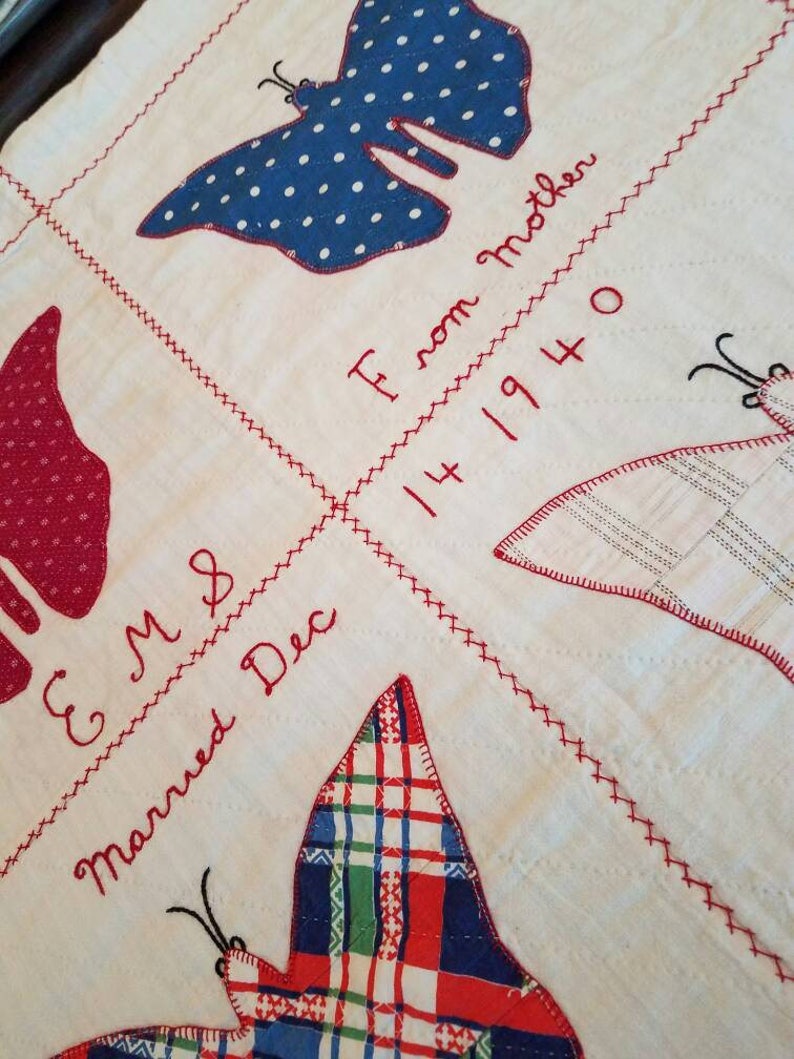 MOTHERLY LOVE Signed Hand Appliqued Butterfly Quilt with Feedsacks VINTAGE 1940