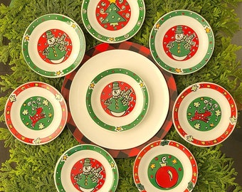 Whimsical Set of 8 Vintage Everyday Gibson Appetizer Dessert 7" Dishes Plates, Traditional Modern Trees, Santas, Ornaments and Reindeer