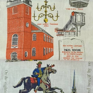 New Vintage AMERICANA Historic Paul Revere Linen Kitchen Tea Towels; Cream, Red and Blues