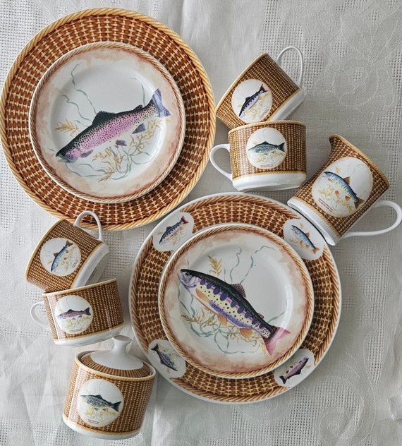 Outdoor Lovers American Atelier at Home Rainbow River PORCELAIN Dinner Salad Cups Creamer Sugar Bowl. WICKER and FISH Pattern. Etsy