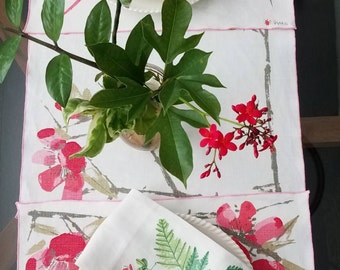 Romantic Dinner for Two, Set of 3 Vintage Signed Vera Neumann Linen Floral Placemats and Napkin, Fuchsia Flower & Bamboo Shoots, Pink Serge