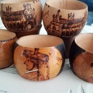 Traveling Around the World:  German Borg, RARE Set of 6 Hand Crafted Wood Napkin Rings, Burnt & Painted, Medieval Times Flags and Castles