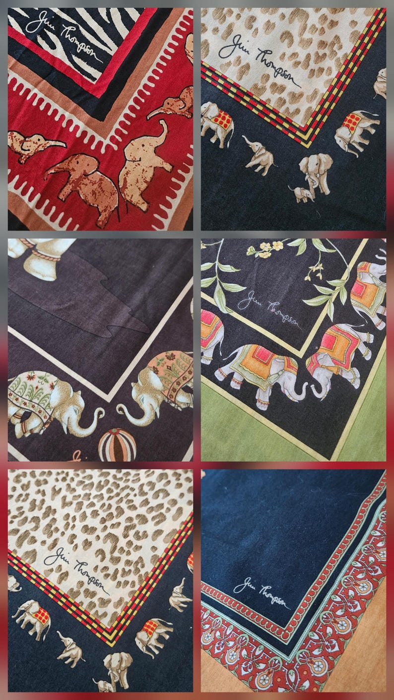 EXOTISCH. Set mit 6 gebrauchten Jim Thompson THAI Servietten aus Baumwolle. Elefanten und Floral. Bild 2