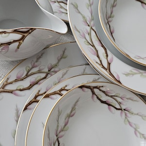 Traveling Around the World: JAPAN, Spring WILLOW by Kent China.  Sets VTG Porcelain Dinnerware, White Pink Dinner Salad Bread Coffee Dishes