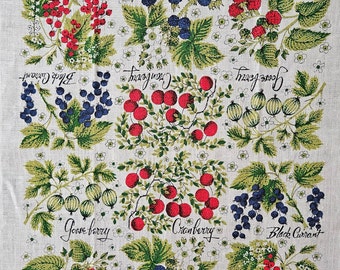 New Vintage Signed Lois Long USA Kay Dee Handprinted Pure Linen Kitchen Tea Towel: BERRIES