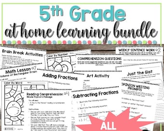 May include: A colourful collage of printable worksheets for 5th grade home learning. The worksheets include activities such as brain breaks, maths lessons, reading comprehension, art activities, and opinion writing prompts. The text "ALL 8 WEEKS!" is highlighted in a pink starburst.
